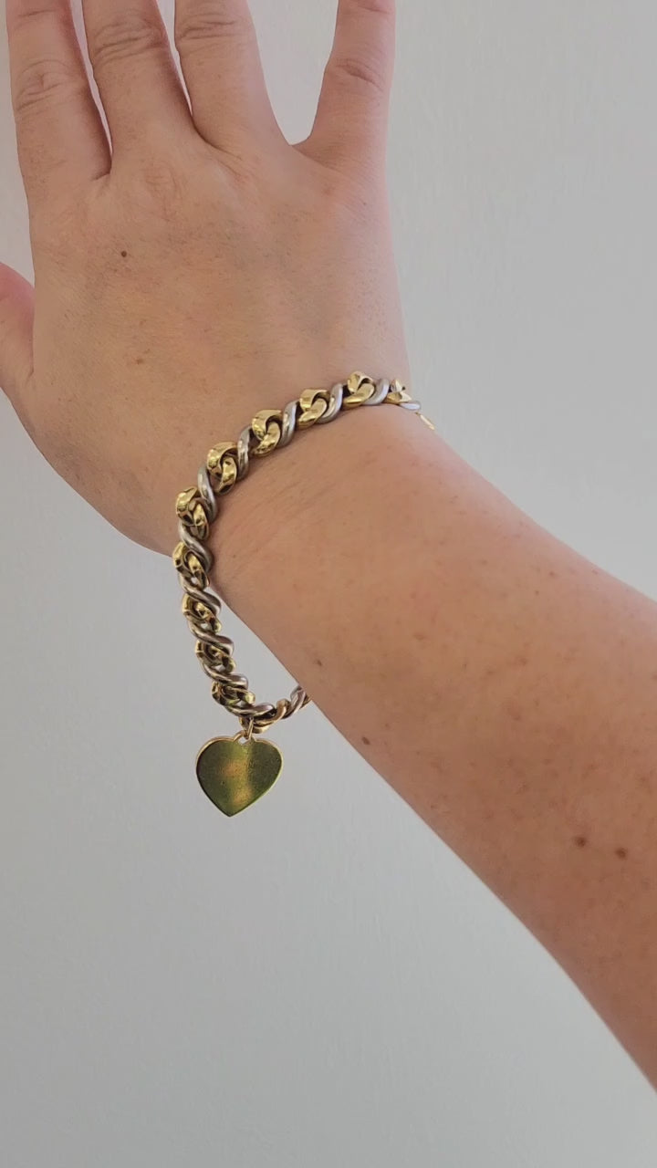 Vintage 18K Gold Heart Tag Chain Link Bracelet Two Tone