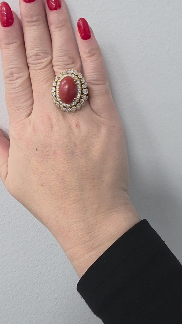 David Webb Coral and 4.60 Carats Diamond 18K Gold Ring
