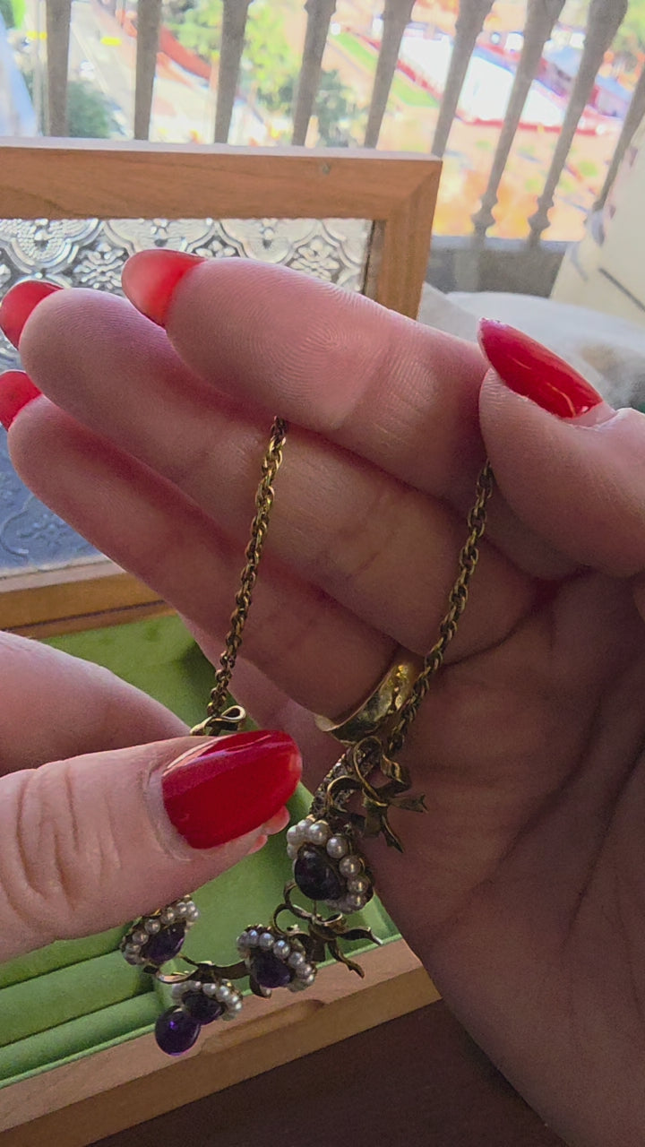 Antique Victorian 21 Carats Amethyst and Seed Pearl Swag 14K Gold Necklace