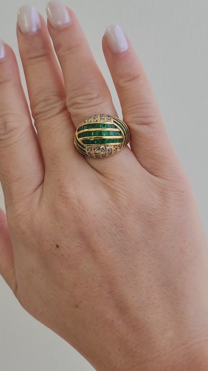 Estate Emerald and Diamond Channel Set Dome Ring 18K Yellow Gold