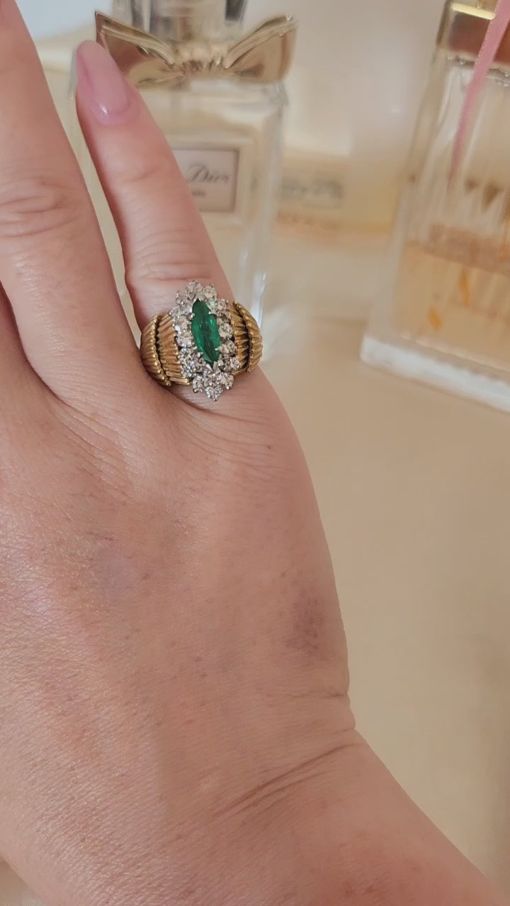 Vintage 18K Plat Emerald Marquise and Diamond Scallop Ring