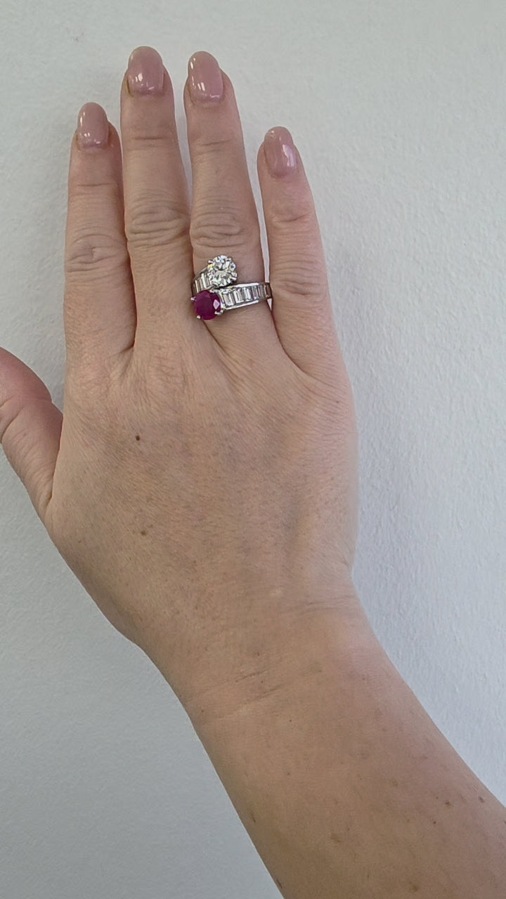 Vintage Platinum 2.37ct Burma Ruby No Heat 1.42ct Diamond Toi et Moi Ring