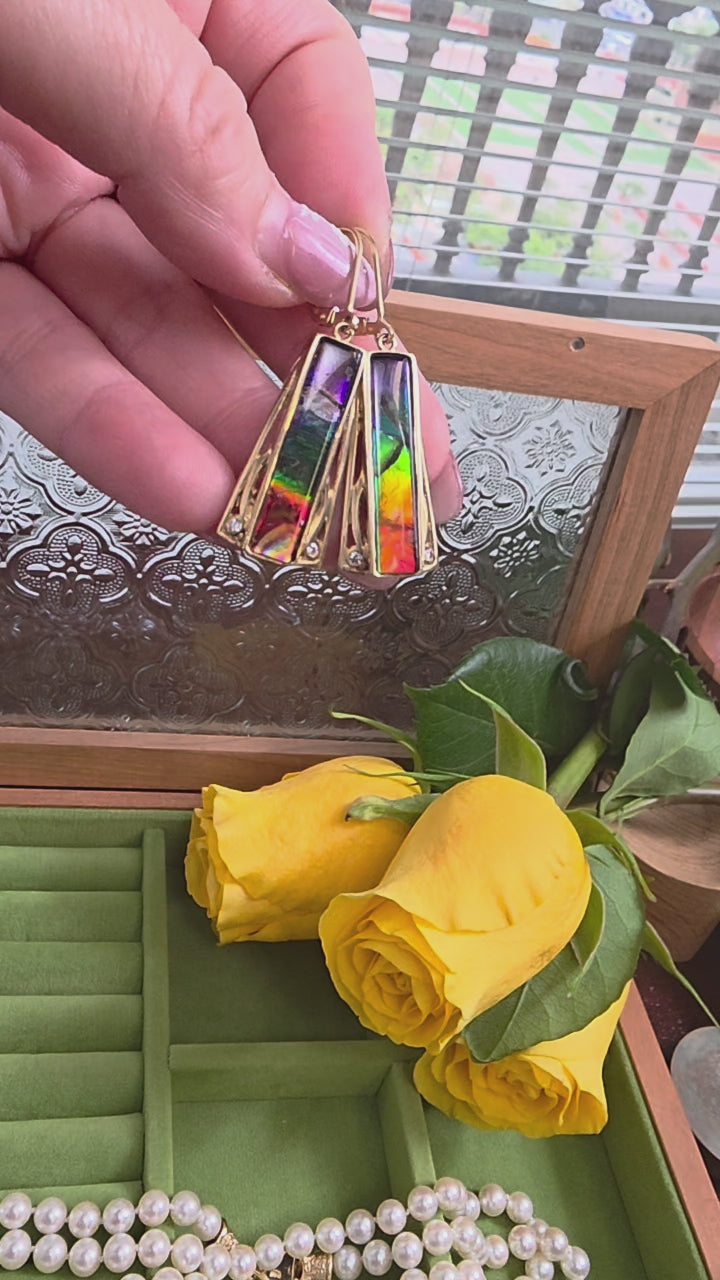 Vintage 14K Gold Rainbow Ammolite and Diamond Dangle Earrings