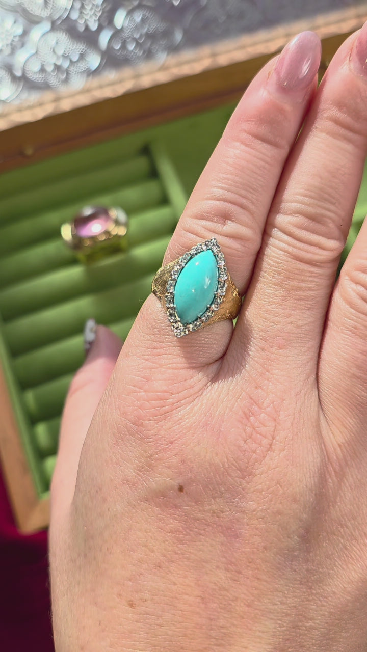 Vintage Italian 18K Gold Turquoise Cabochon and Diamond Navette Ring