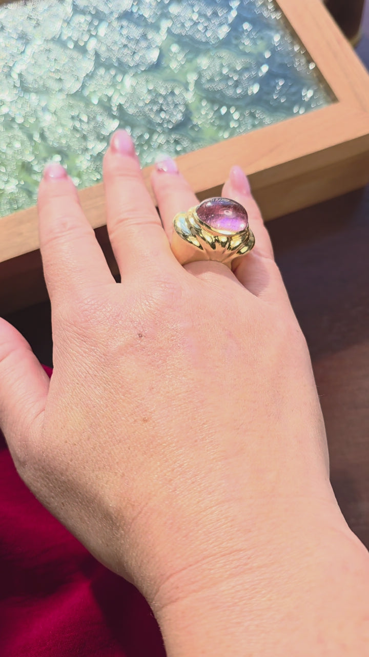 Vintage 14K Gold 12 Carat Pink Tourmaline Cabochon Ring