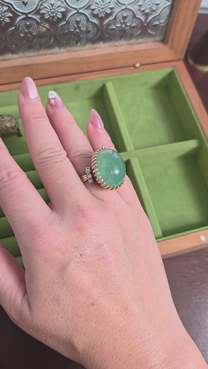 Vintage 14K Gold 35 Carat Emerald Cabochon and Diamond Dome Cocktail Ring