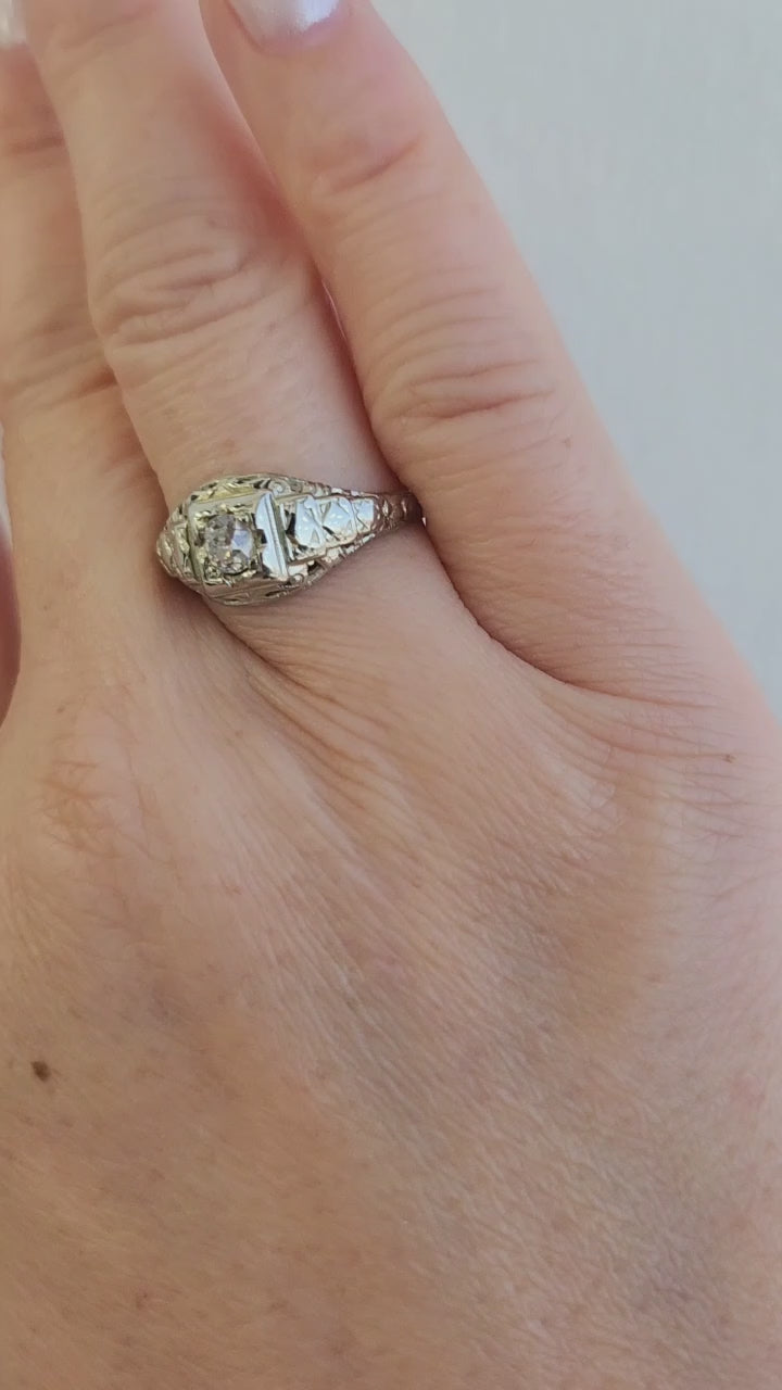 Art Deco 0.25 Carat Old Mine Cut Diamond Solitaire 14K White Gold