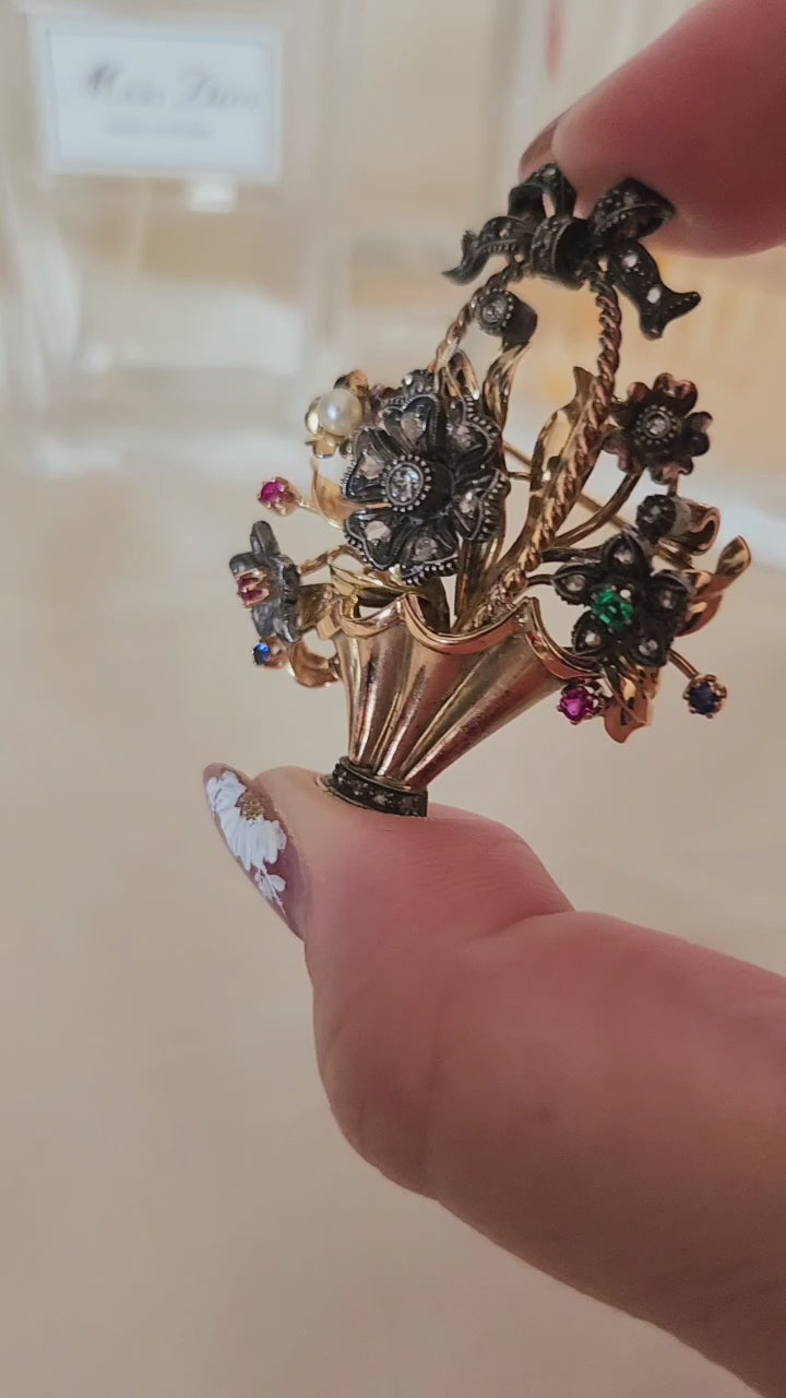 Victorian 18K and Platinum Gemstone and Antique Diamond Floral Basket Brooch