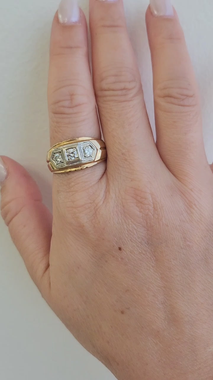 1940s Retro 0.50 Carat 3-Stone Diamond Ring 13K Two Tone Gold Size 10