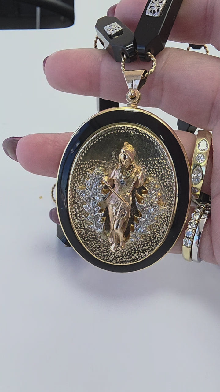 Victorian Gold Cameo Medallion Onyx and Diamond Long Chain Station Necklace