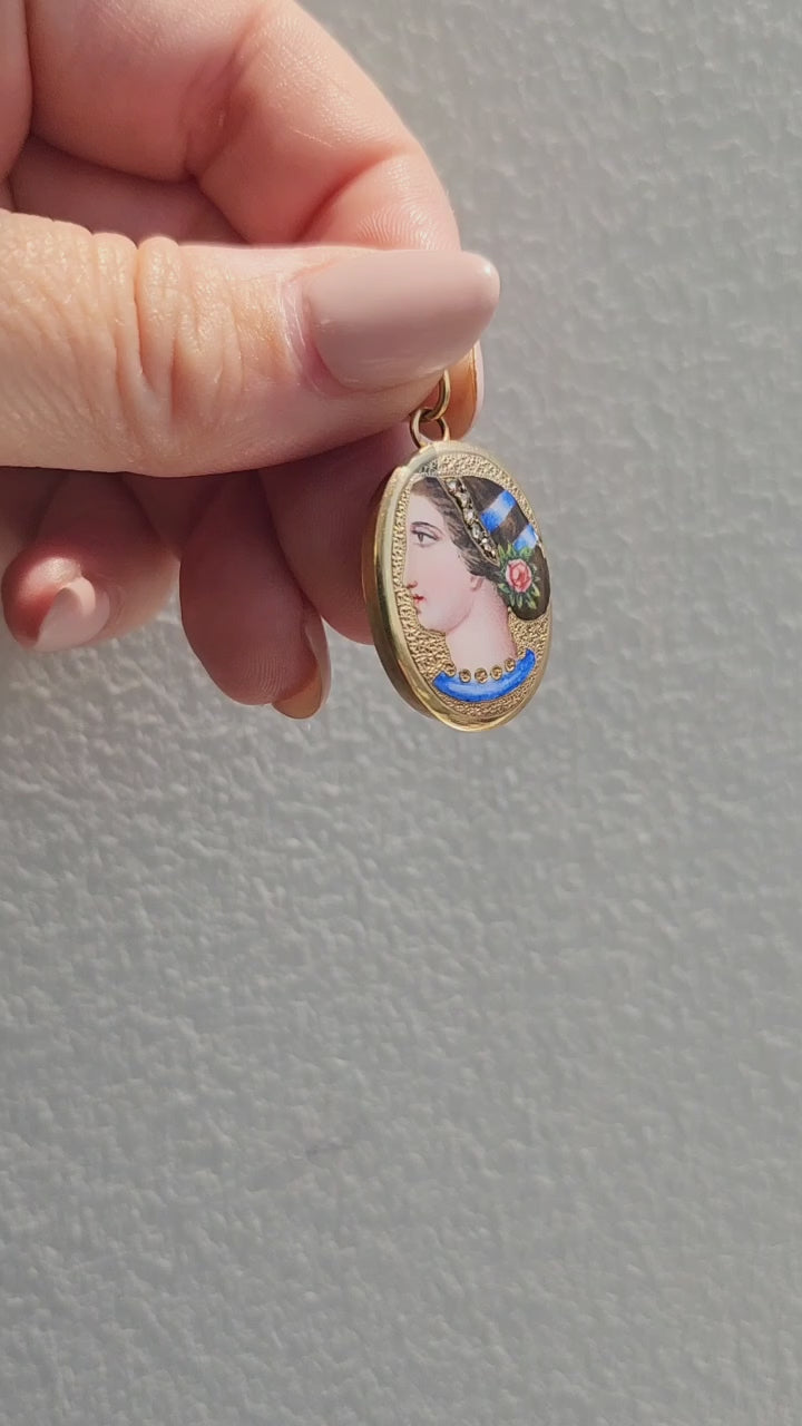 Etruscan Revival 18K Bella Donna Portrait Rose Cut Diamond Pendant