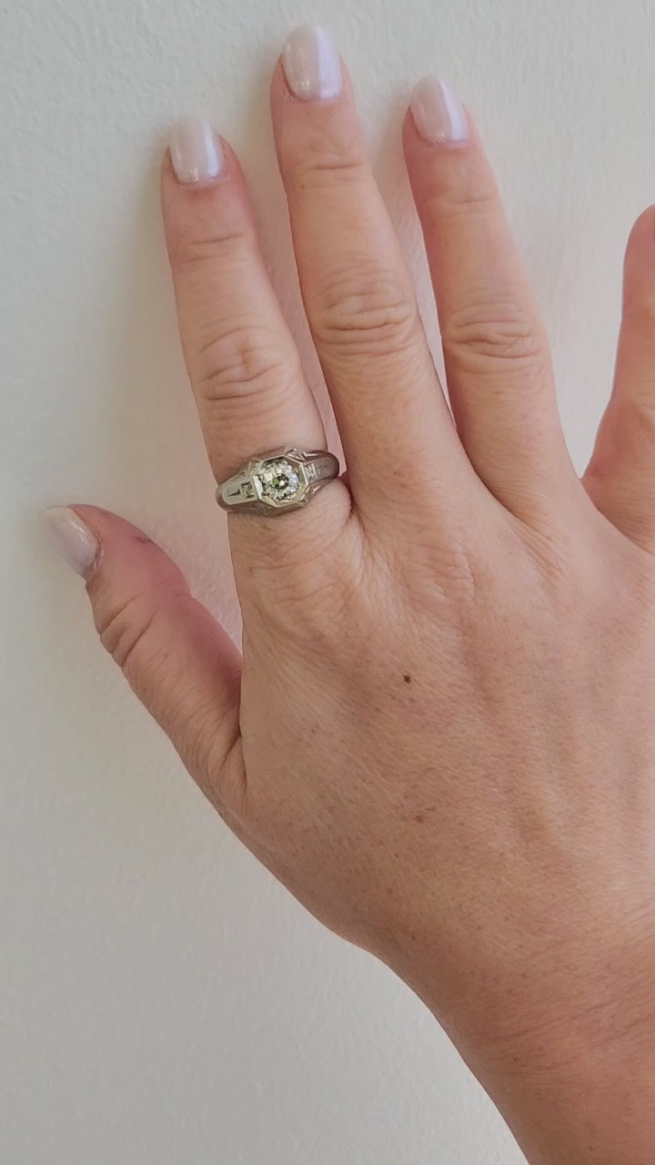 Art Deco 0.70 Carat Old Euro Diamond Hexagonal 20K White Gold Engagement Ring
