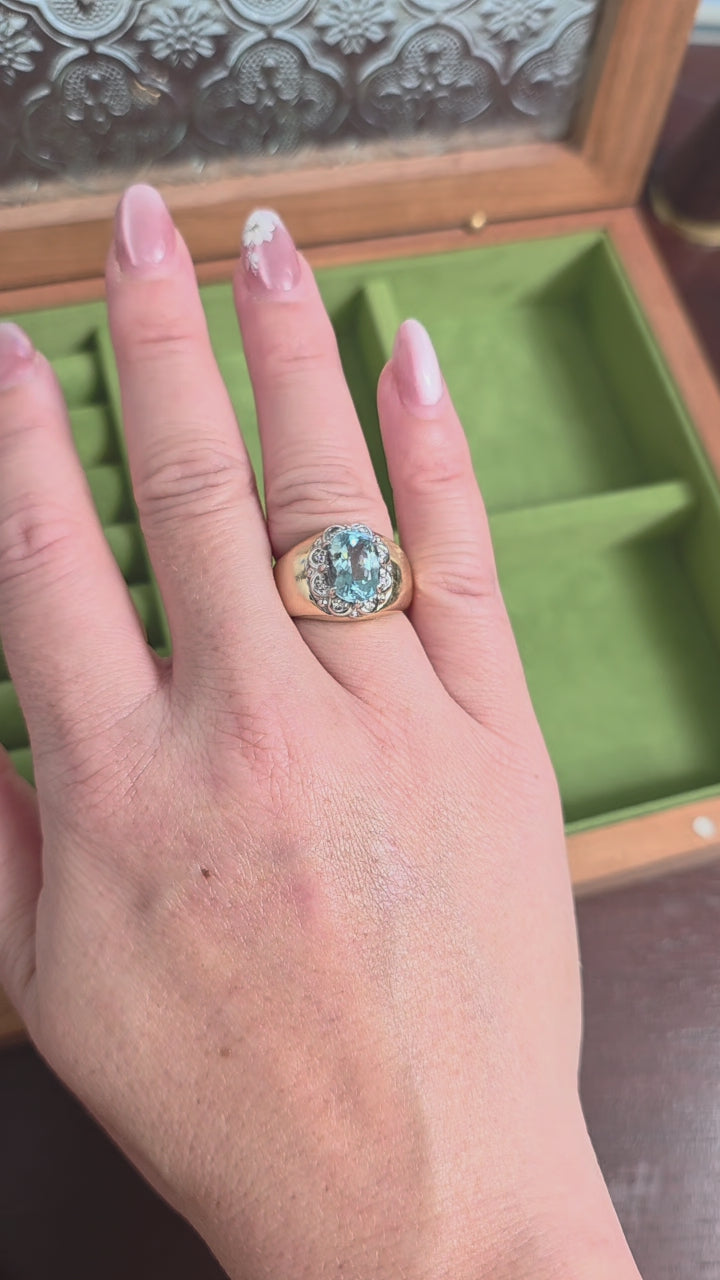 Vintage 14K Gold 2.50 Carat Aquamarine Oval and Diamond Wide Band Ring