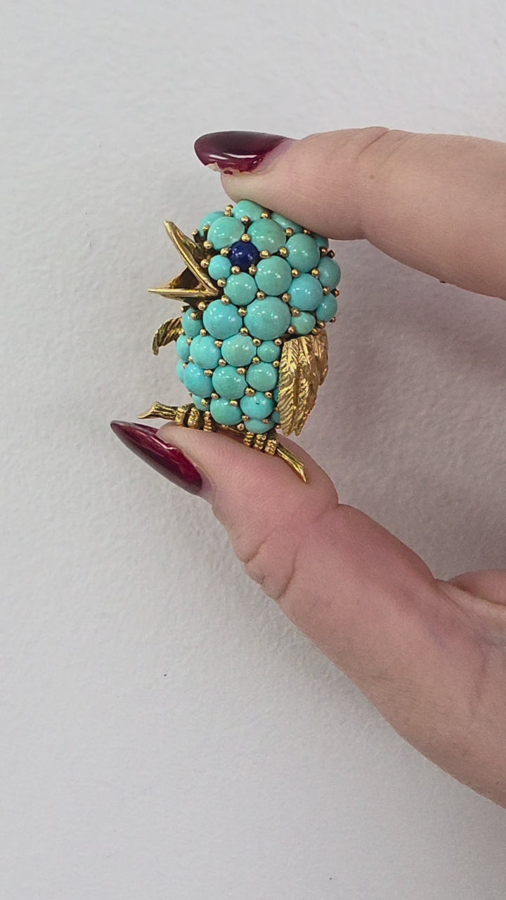 Vintage Rossi 18K Gold Turquoise & Lapis Lazuli Bird Brooch