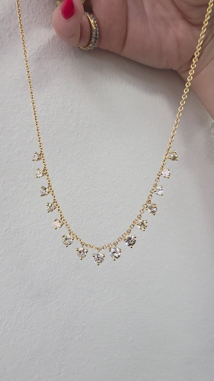 3.69 Carats Old European and Old Mine Cut Diamond Dangle Riviere 18K Necklace