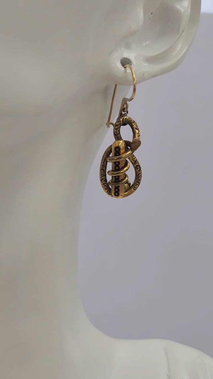 Victorian Snake Infinity Enamel Dangle Earrings 9K Gold Filigree Antique