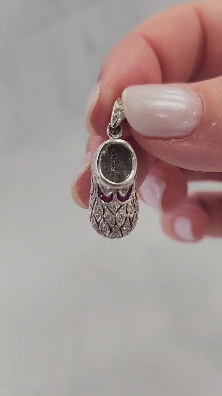 Estate Diamond and Ruby Slipper Pendant 18K White Gold