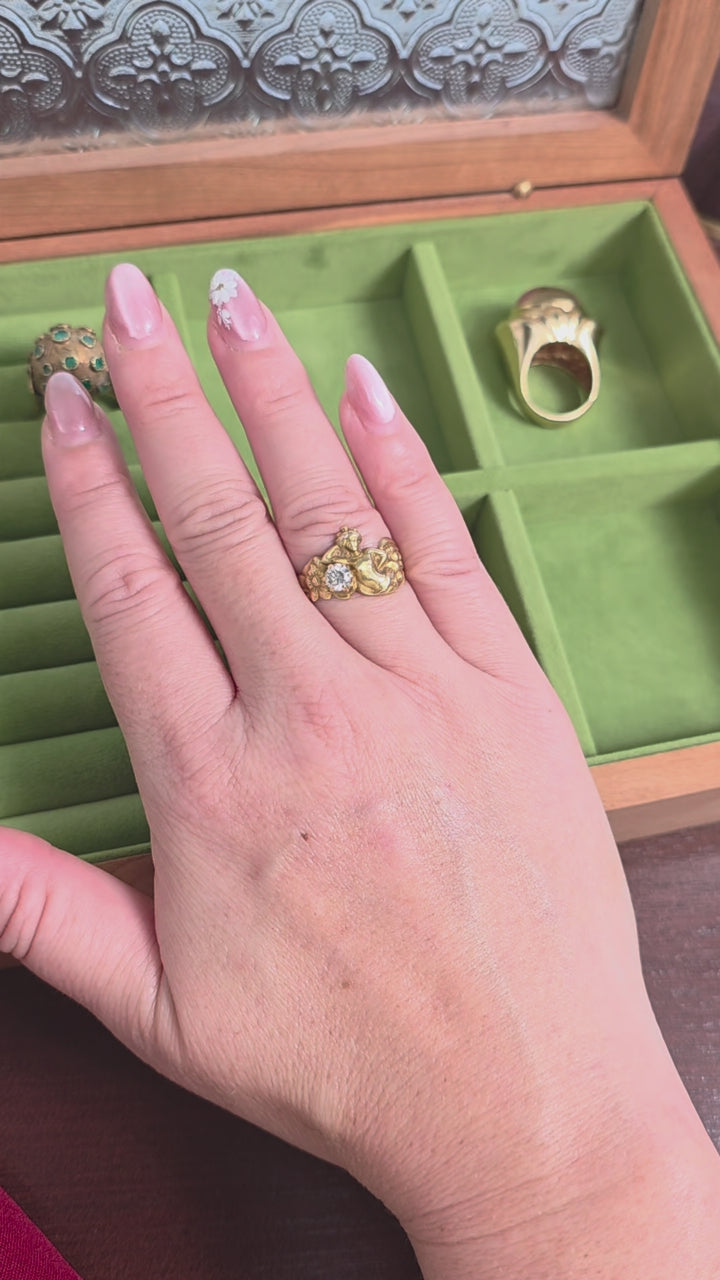 Art Nouveau 14K Diamond Lady Nymph Floral Ring