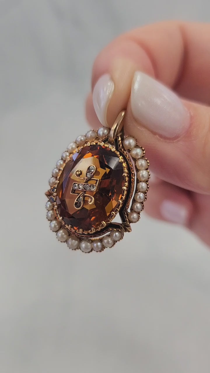 Victorian Citrine, Seed Pearl and Rose Cut Diamond Pendant 14K Yellow Gold