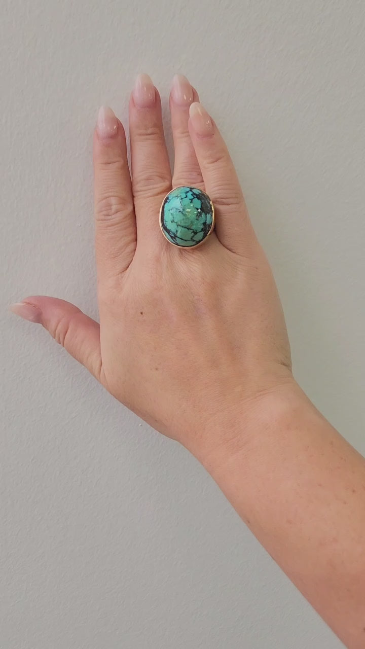 Vintage 18K Rose Gold 20.88 Carat Turquoise Dome Cocktail Ring