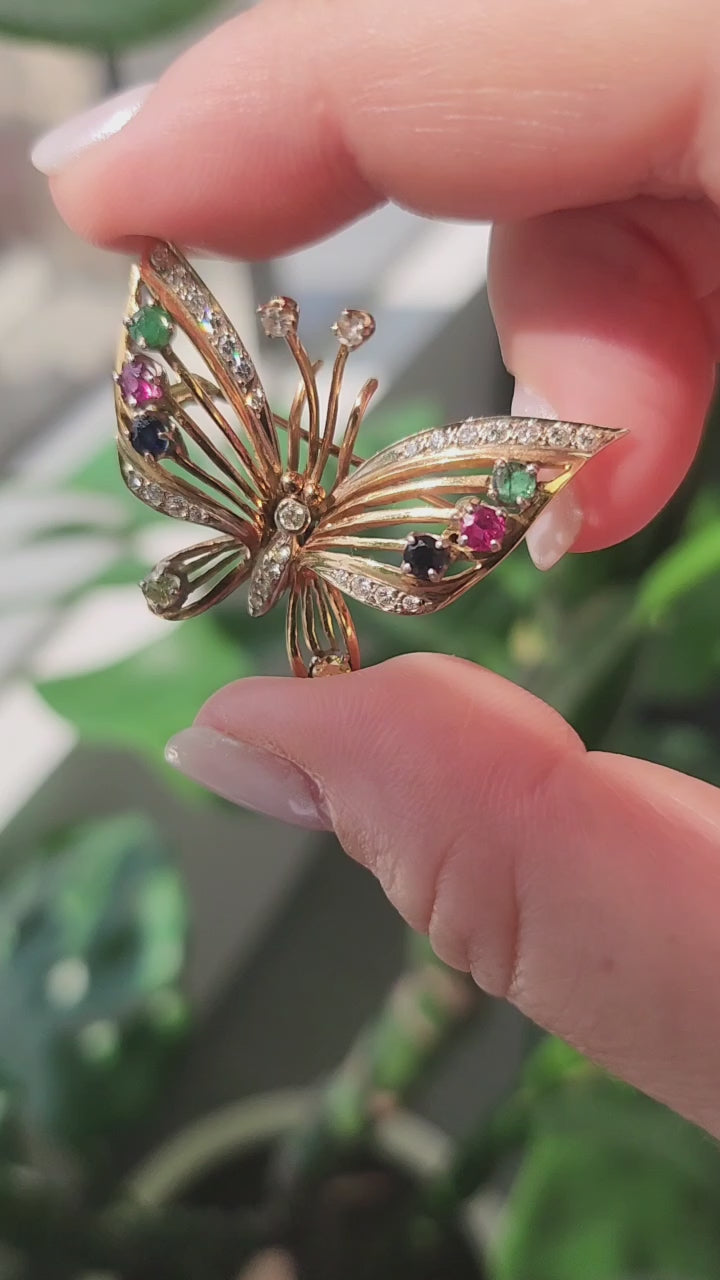 Estate Multi Gemstone and Diamond Butterfly Brooch 14K Two Tone Gold