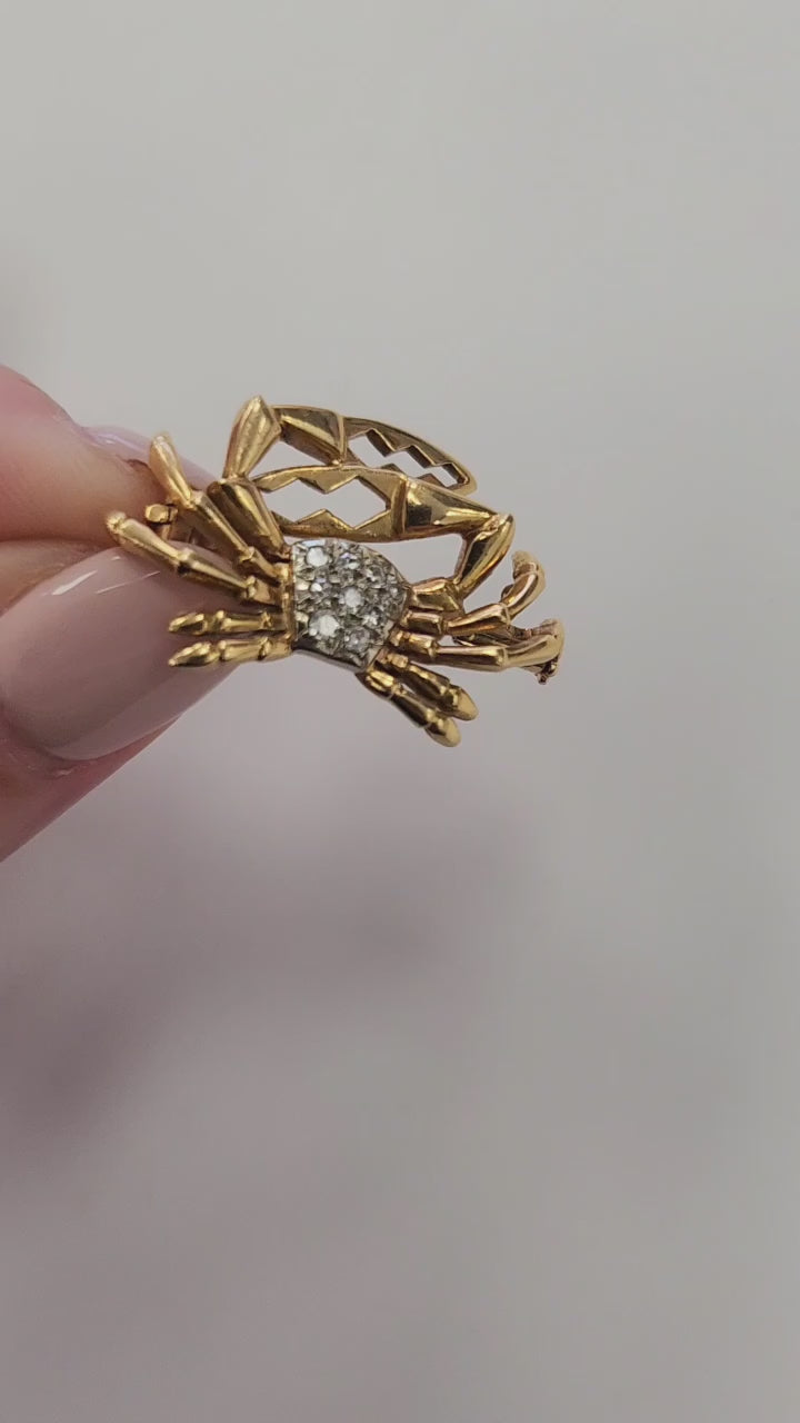 18K Vintage Diamond Crab with Large Claws Brooch