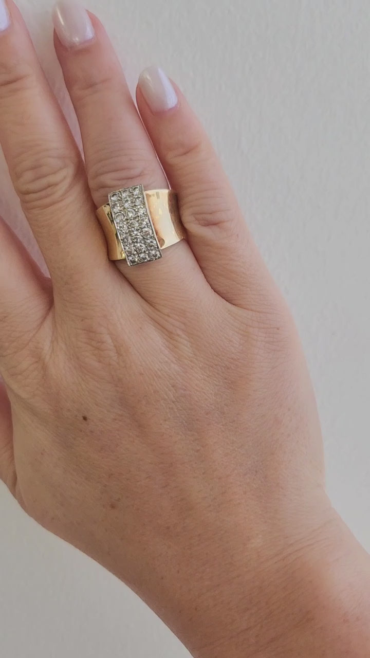 Vintage Diamond Pave Wide Band Modernist Cocktail Ring 14K Two Tone Gold