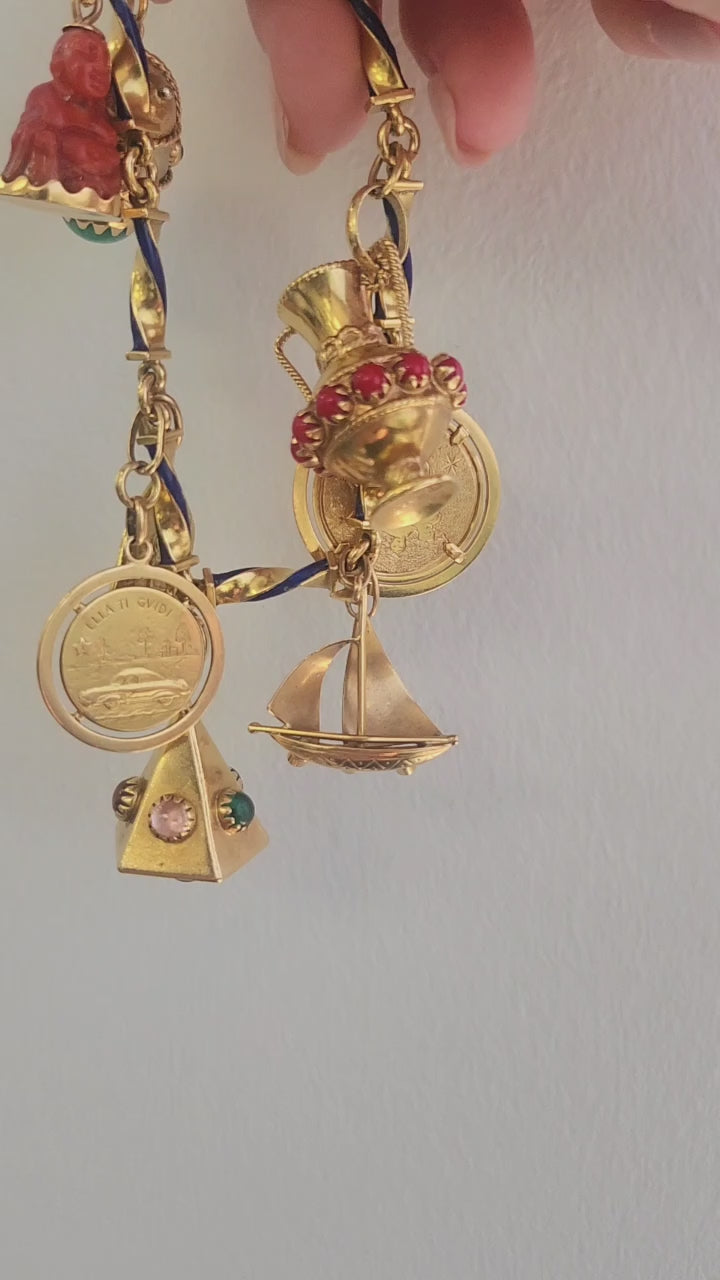 18K Gold Multi Vintage Charm Bracelet on Enamel Chain