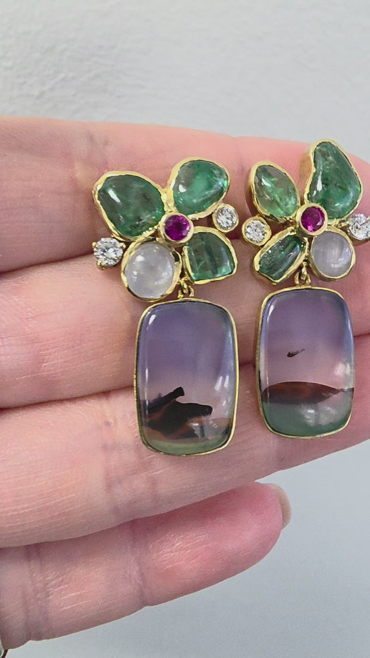 Estate 18K Yellow Gold Multi Gemstone Artisan Carved Agate Earrings