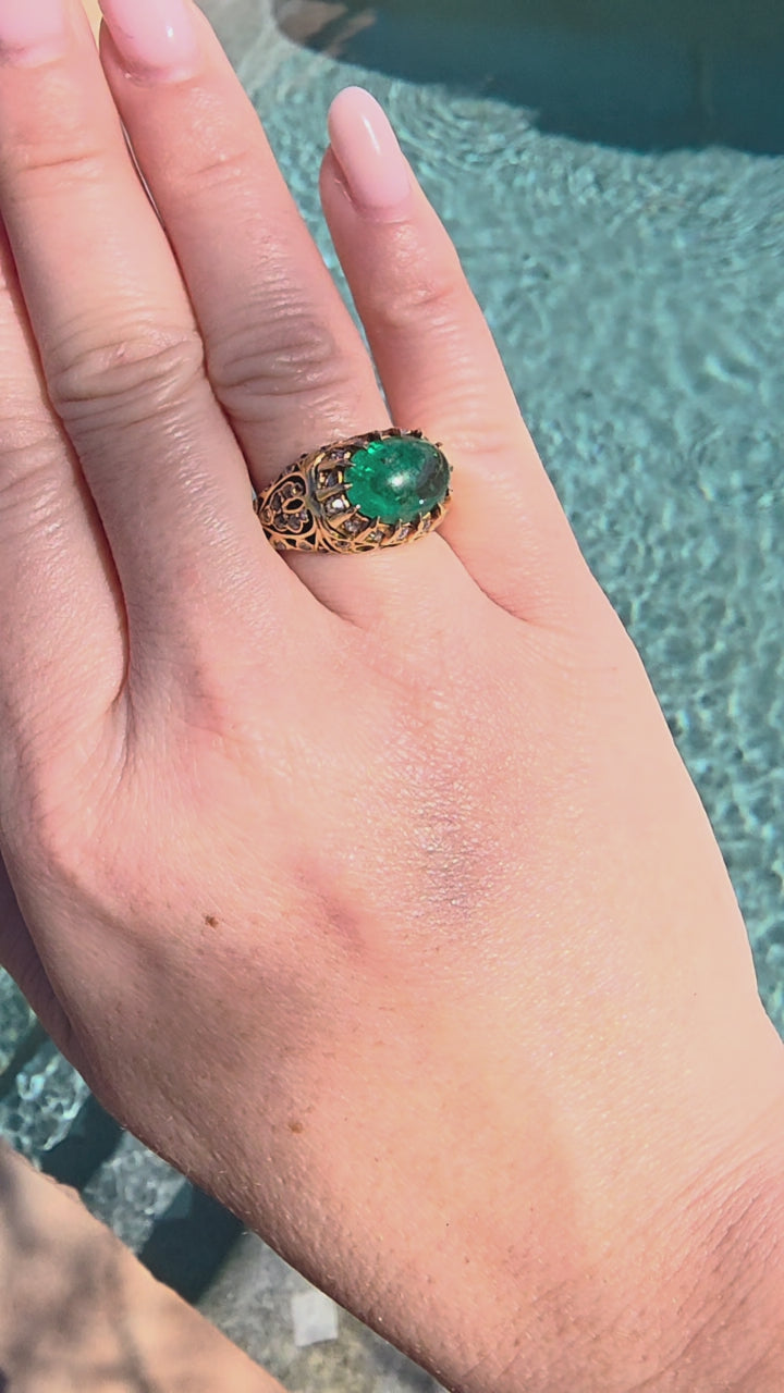 Vintage 18K Gold 3 Carat Colombian Emerald Cabochon and Diamond Ring