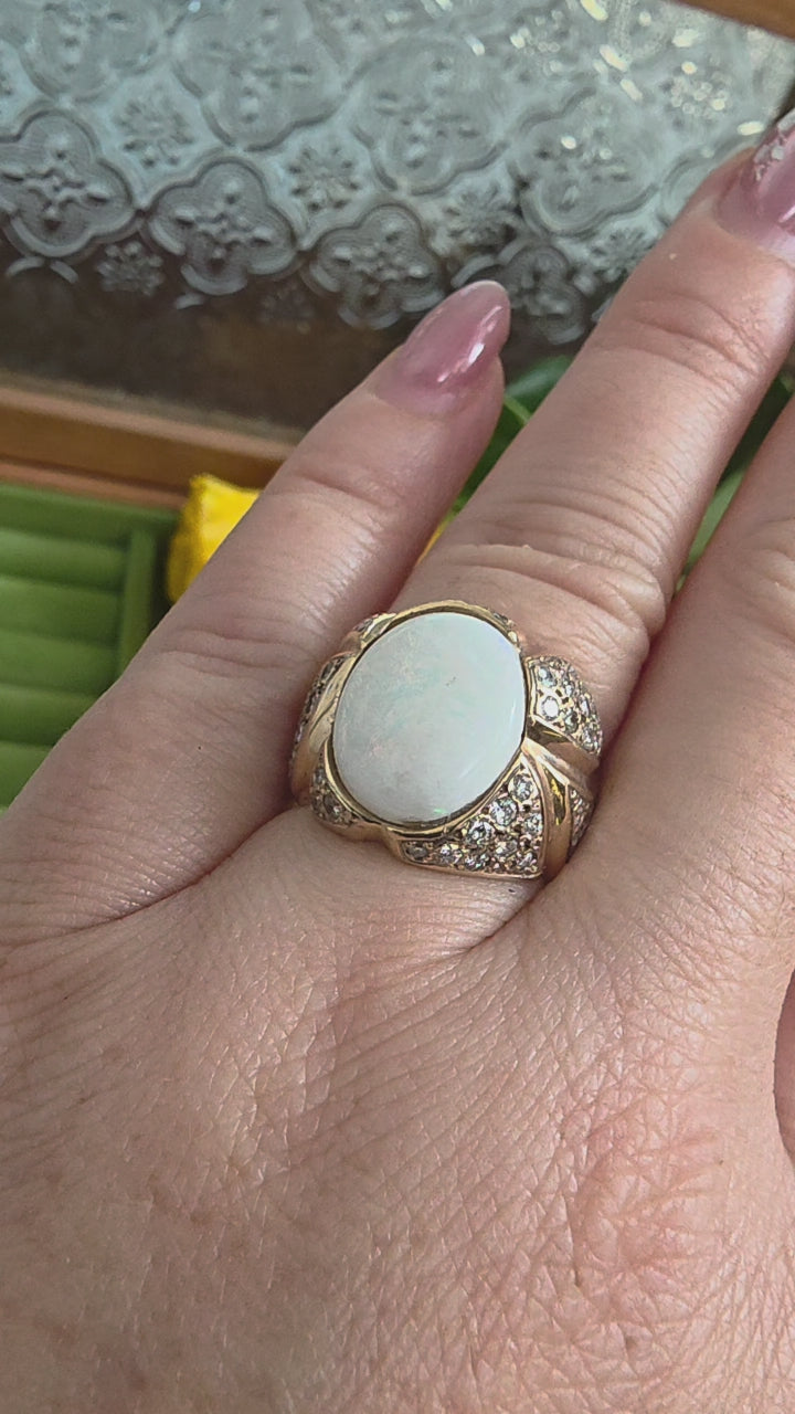 Vintage 14K Gold Opal Bezel Set and Diamond Pave Ring
