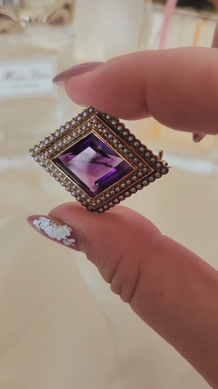 Vintage 14K Gold Diamond Shape Amethyst and Seed Pearl Brooch