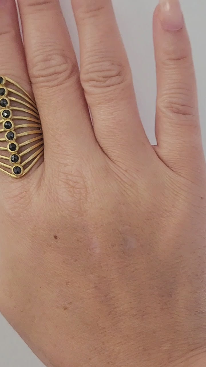 18K Gold Rose Cut Black Diamond Bezel Set Elongated Ring