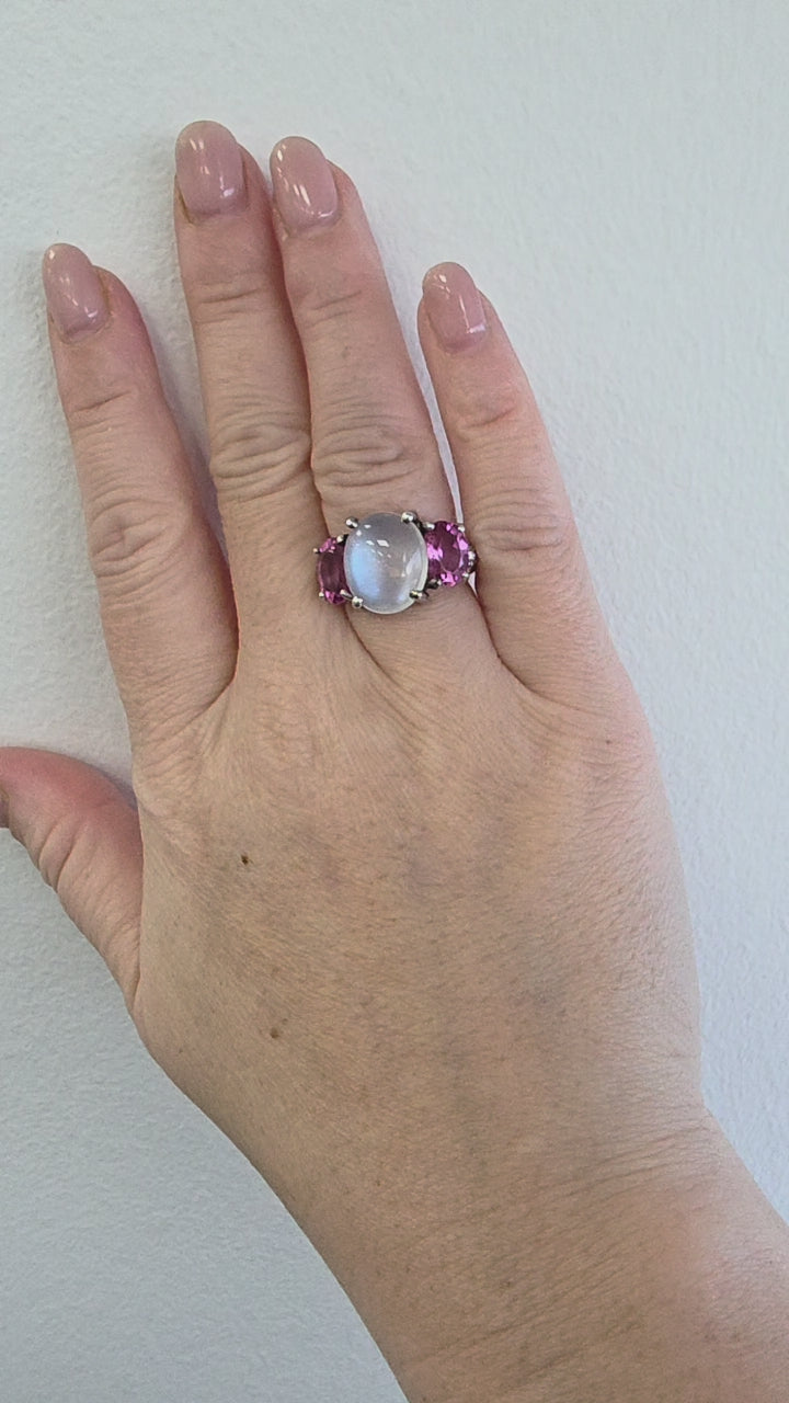 Judith Ripka 18K WG 5 carat Moonstone Pink Tourmaline Diamond Ring