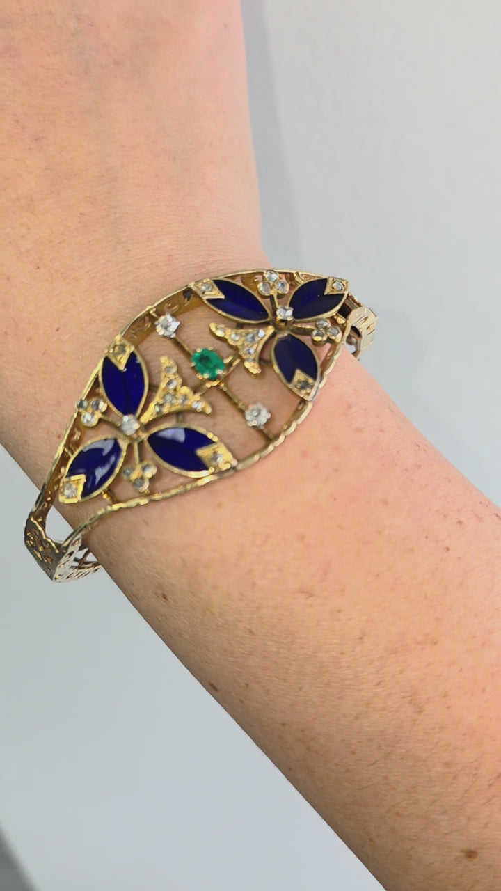 Vintage 14K Gold Emerald, Antique Cut Diamond and Cobalt Blue Enamel Bangle