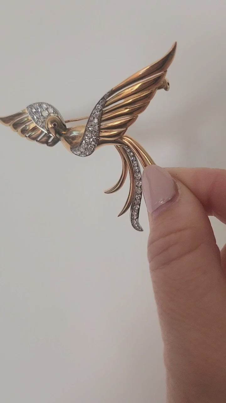 Vintage Italian Diamond Phoenix Bird Brooch 18k and Platinum
