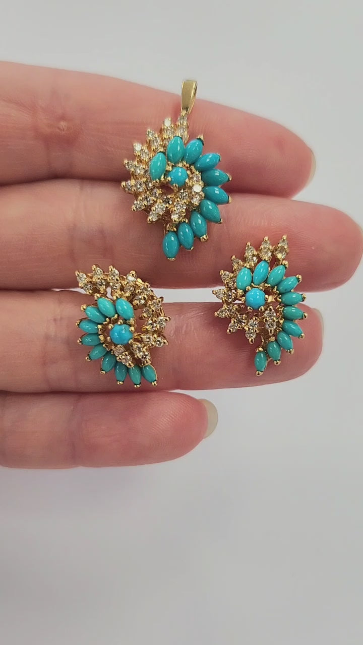 Vintage Turquoise and Diamond Swirl Earring and Pendant Set 14K Yellow Gold