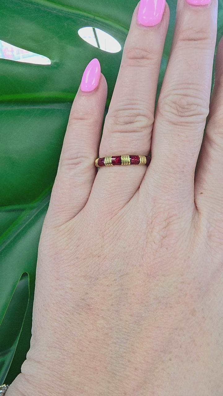 Vintage French 18K Gold Crimson Red Enamel And Gold Ring Band