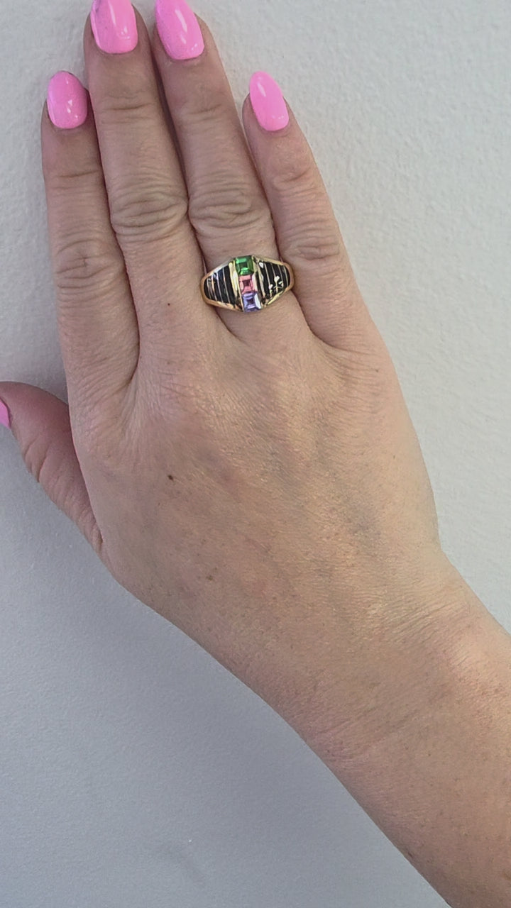 Vintage 14K Kabana Multi Gemstone and Enamel Ring