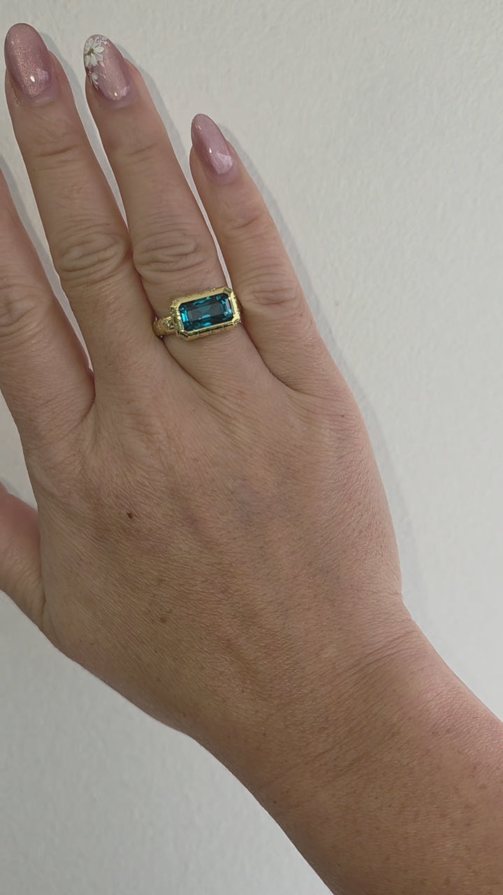 18K Gold 5.20 Carat Elongated Blue Zircon Emerald and Diamond Bezel Ring