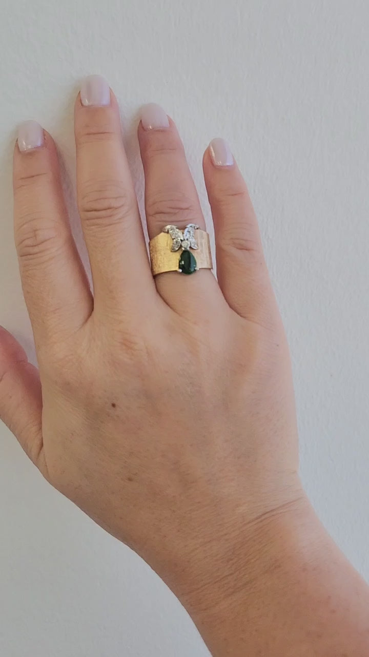 Vintage Midcentury Jade and Diamond Butterfly Wide Band Ring 14K Gold