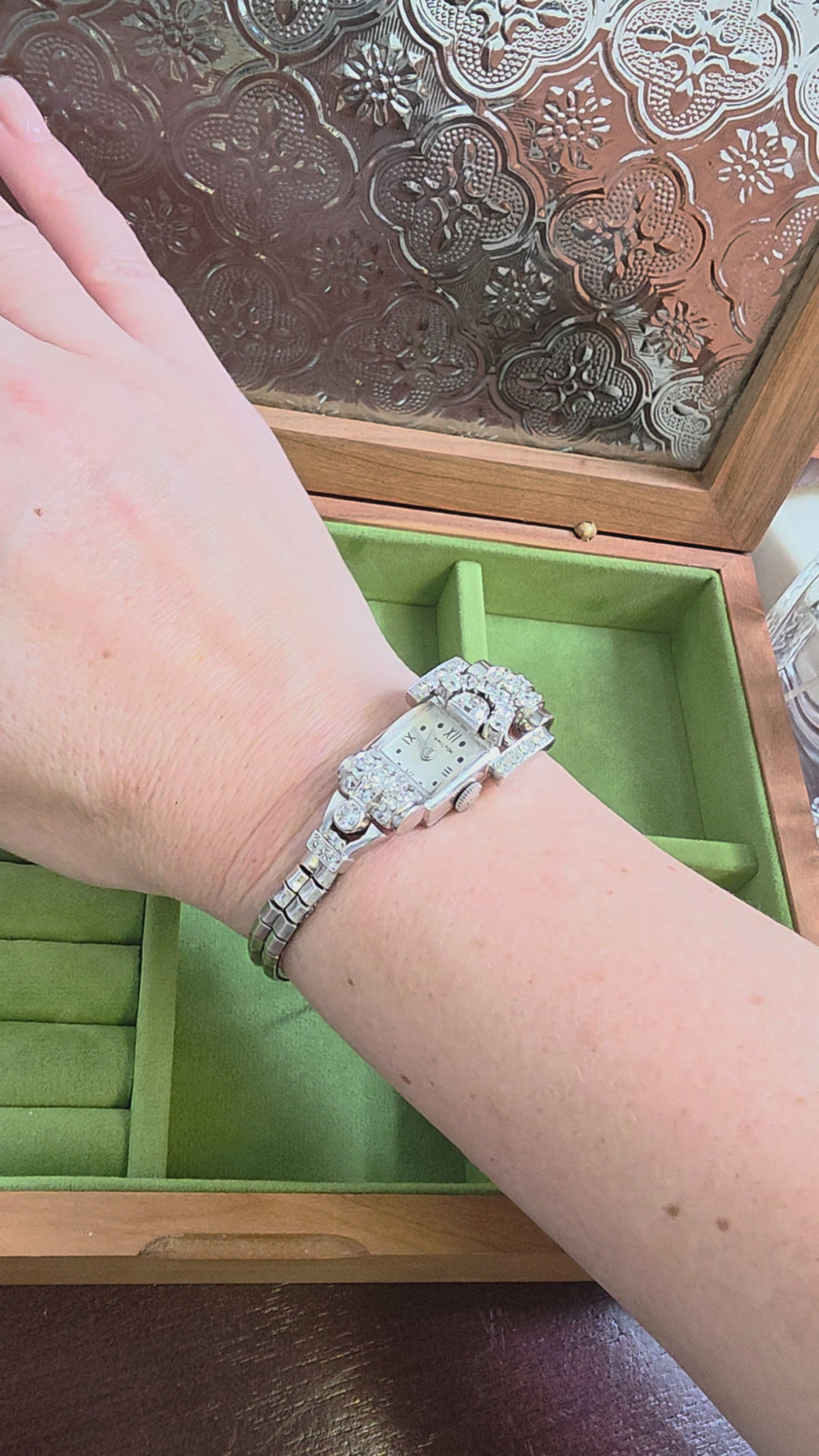 Antique 1940's 4.25 Carats Diamond Hamilton Cocktail Watch 14K White Gold