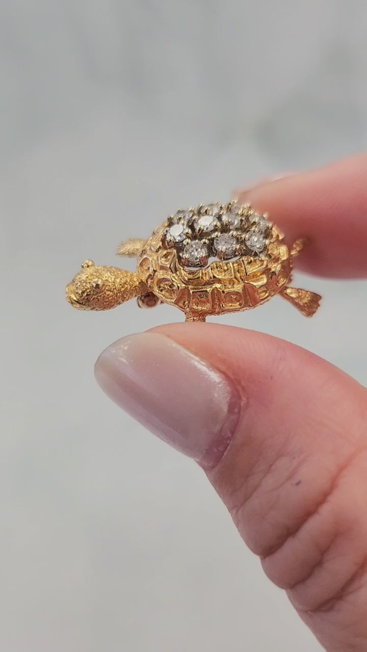 Vintage 0.50 Carat Diamond Turtle Brooch 14K Yellow Gold