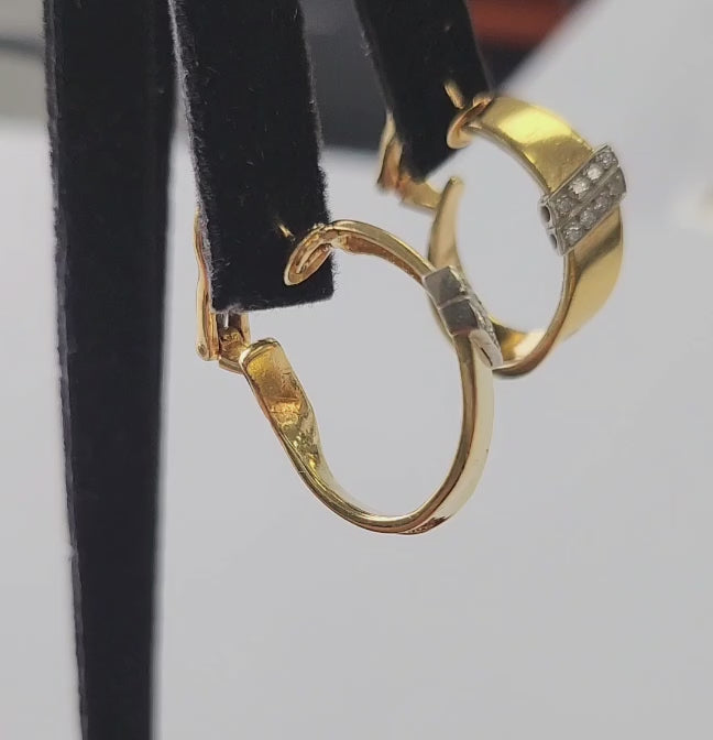 Vintage 18K Gold 2 Tone Diamond Hoop Earrings