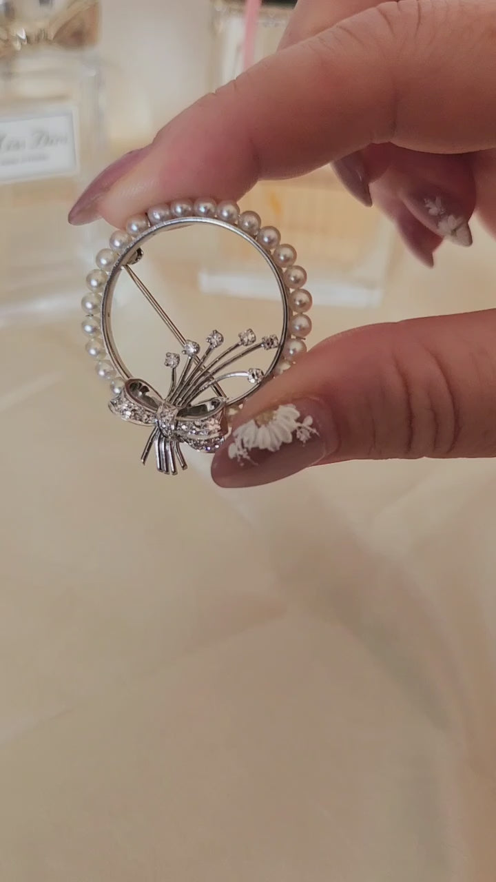 Retro Platinum White Pearl and Diamond Reef Ribbon Brooch