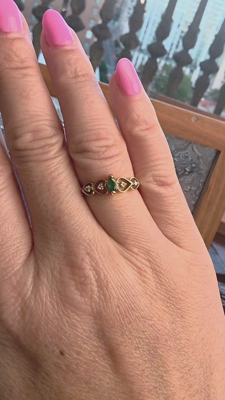 Vintage 14K Gold Emerald Marquise and Diamond Sweet Heart Band