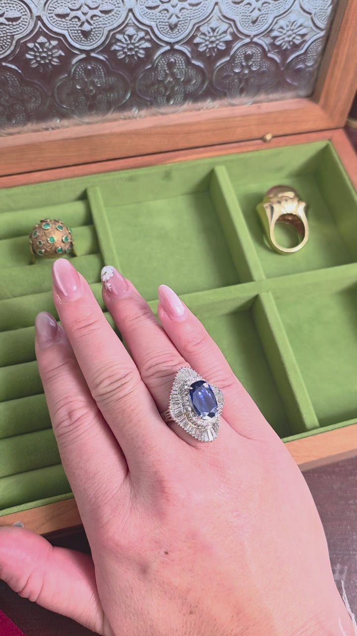 Vintage Plat 4.19 Carat Elongated Oval Sapphire and Diamond Ballerina Ring GIA