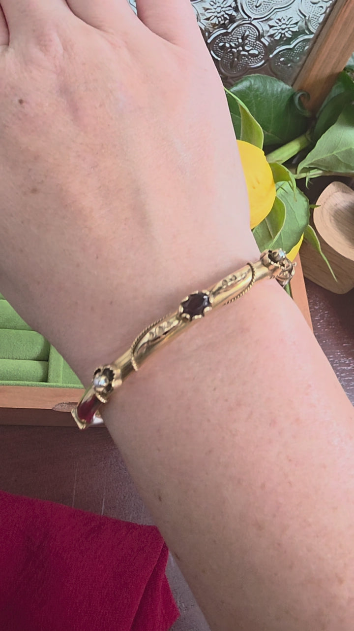 Victorian 14K Gold Garnet & Pearl Bangle