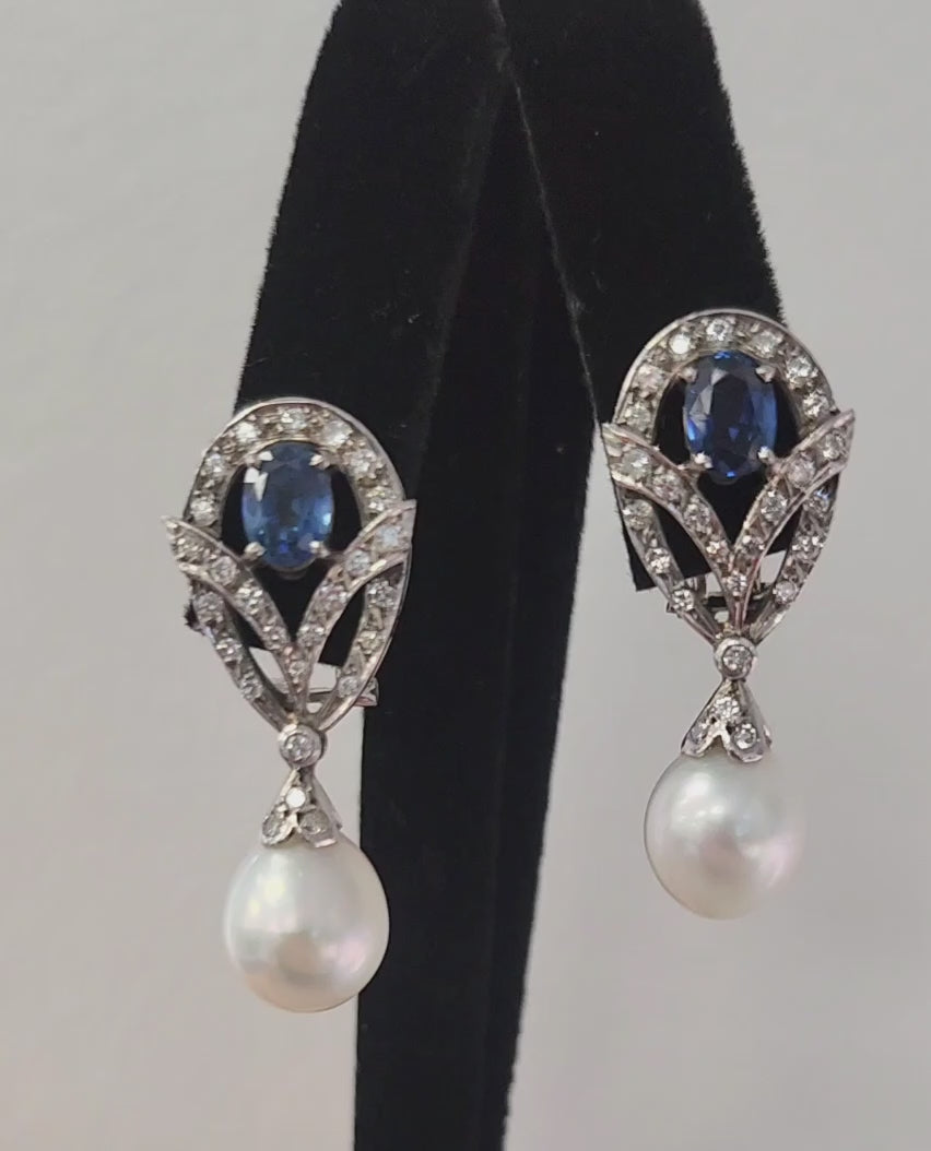Vintage 18K White Gold Sapphire Diamond and Pearl Drop Earrings