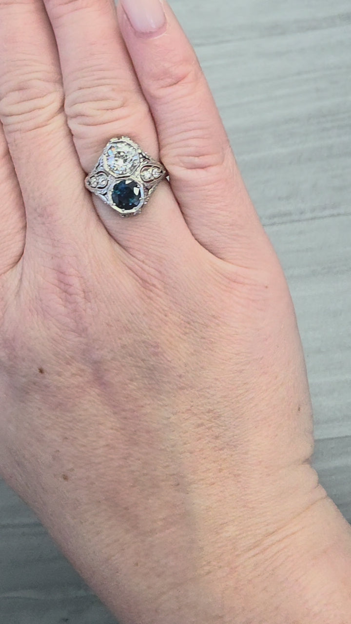 J.E Caldwell Sapphire & 1.10ct Old European Cut Diamond Art Deco Platinum Ring